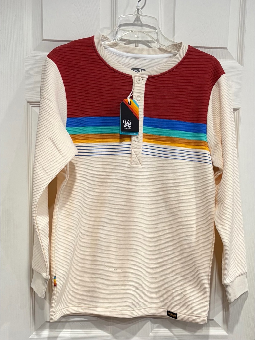Yo Colorado Men's Small Horizon Knit Henley Shirt White Cream NWT Stripes Red